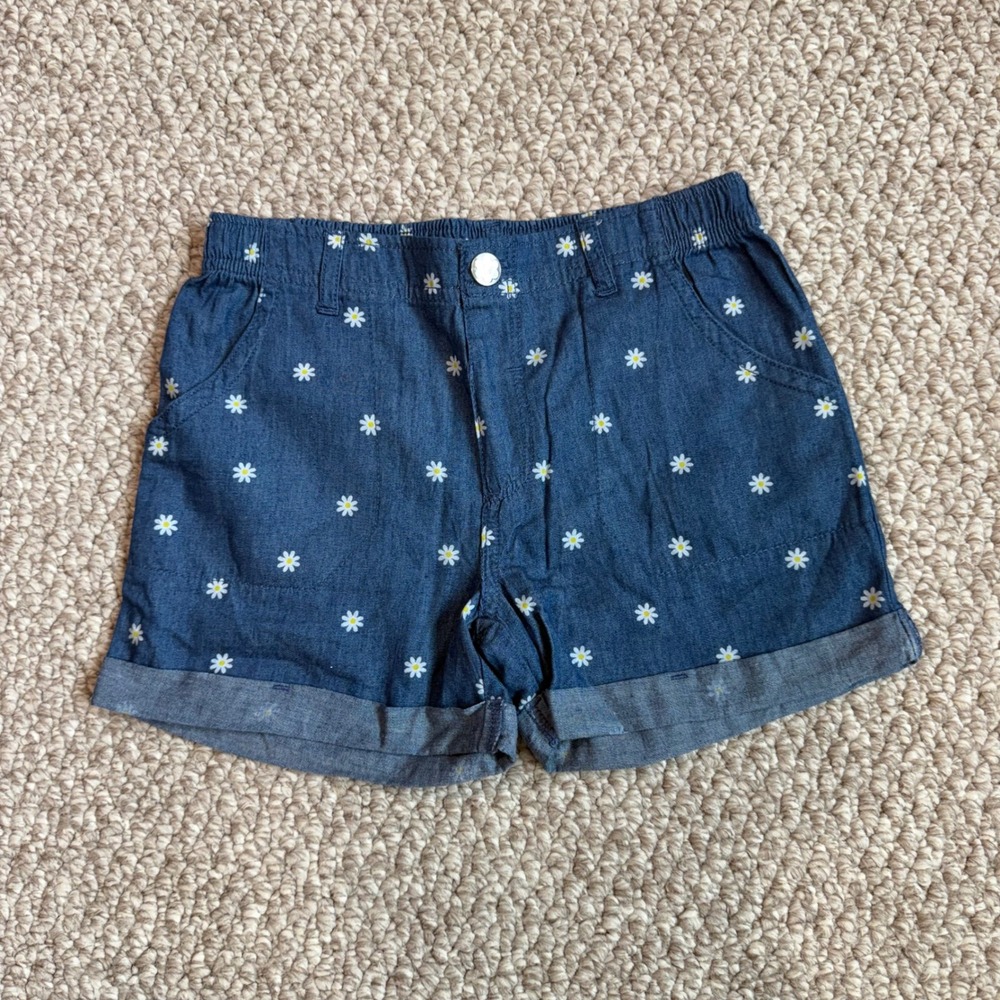 Girls Denim Daisy Shorts Elastic Waist Roll Cuff Cute Summer Kids Size 7